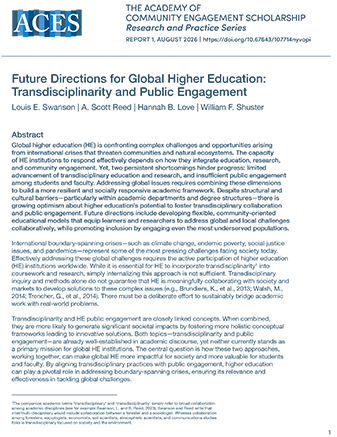 Image of ACES research and practice series report 1 entitled "Future Directions for Global Higher Education: Transdisciplinarity and Public Engagement," authored by members Louis E. Swanson and A. Scott Reed, with Hannah B. Love and William F. Shuster